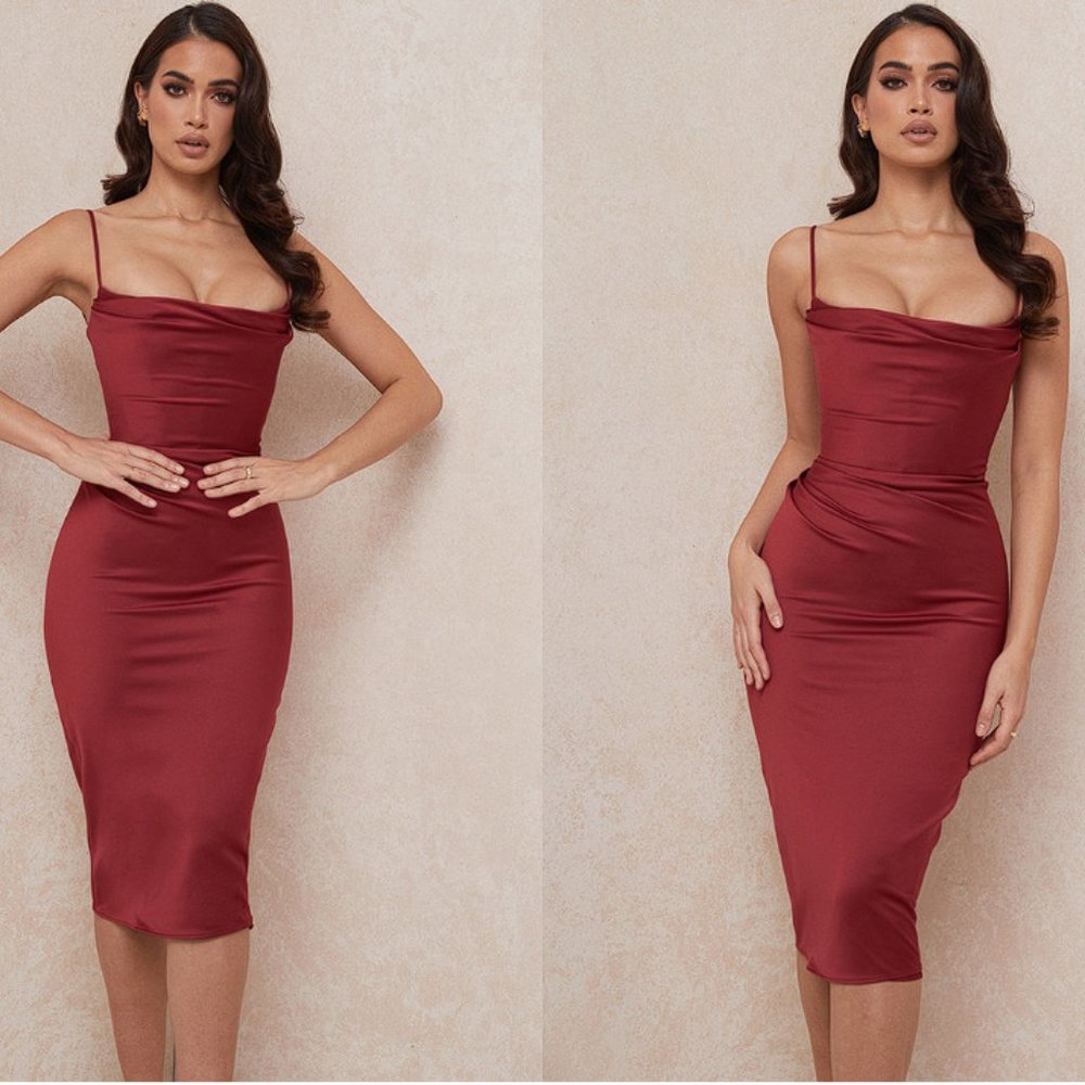 HOUSE OF CB 'Anja' Wine Satin Corset Midi Dress NWOT - Picture 4 of 10
